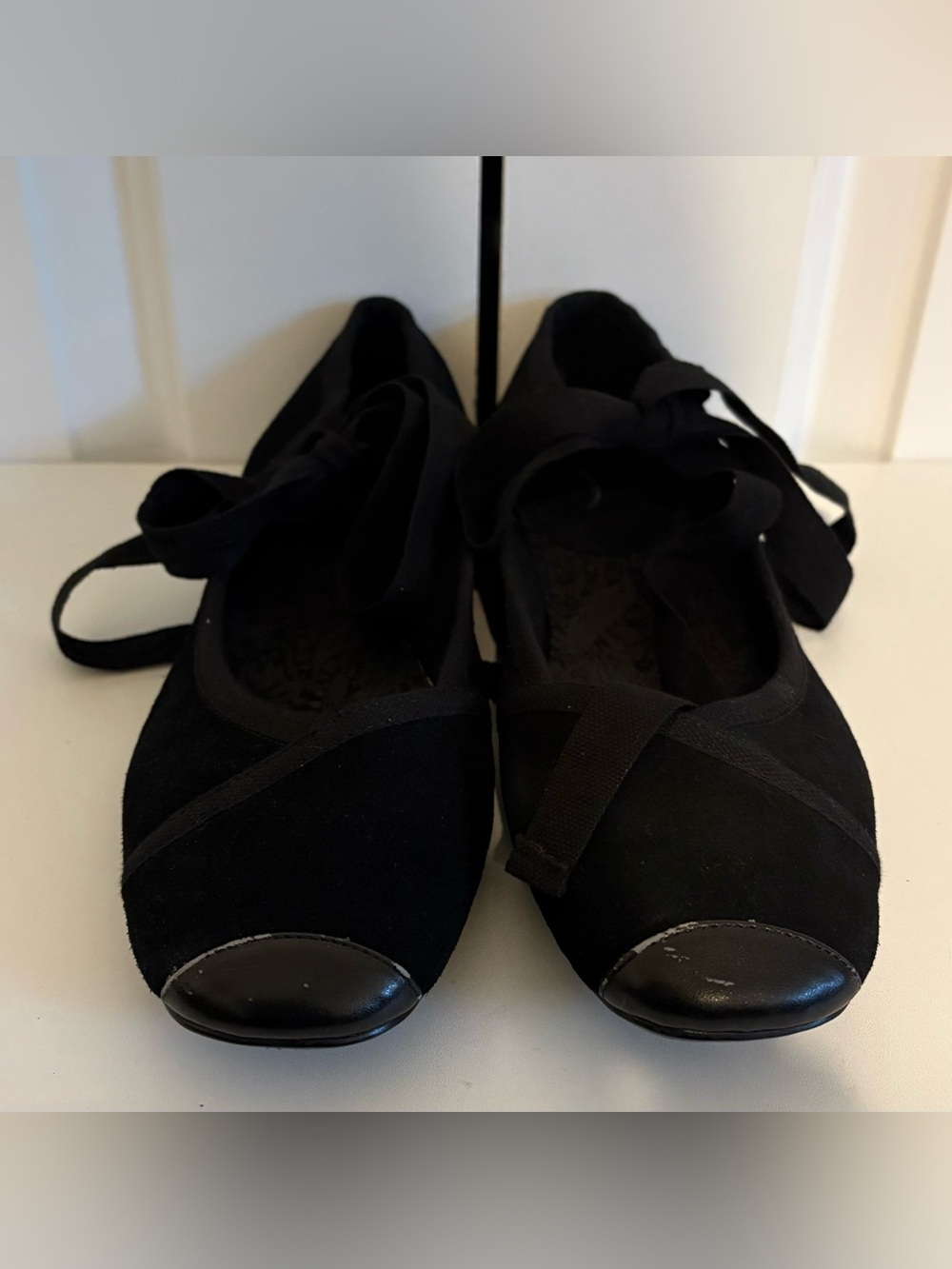 ELLEMENO, Women's Black Suede Ribbon-Tie Snub-Nose Ballet Flats, Size 10